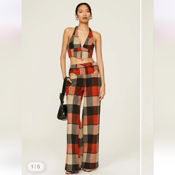 AFRM Pants - AFRM Plaid Halter Jumpsuit in Red and Black